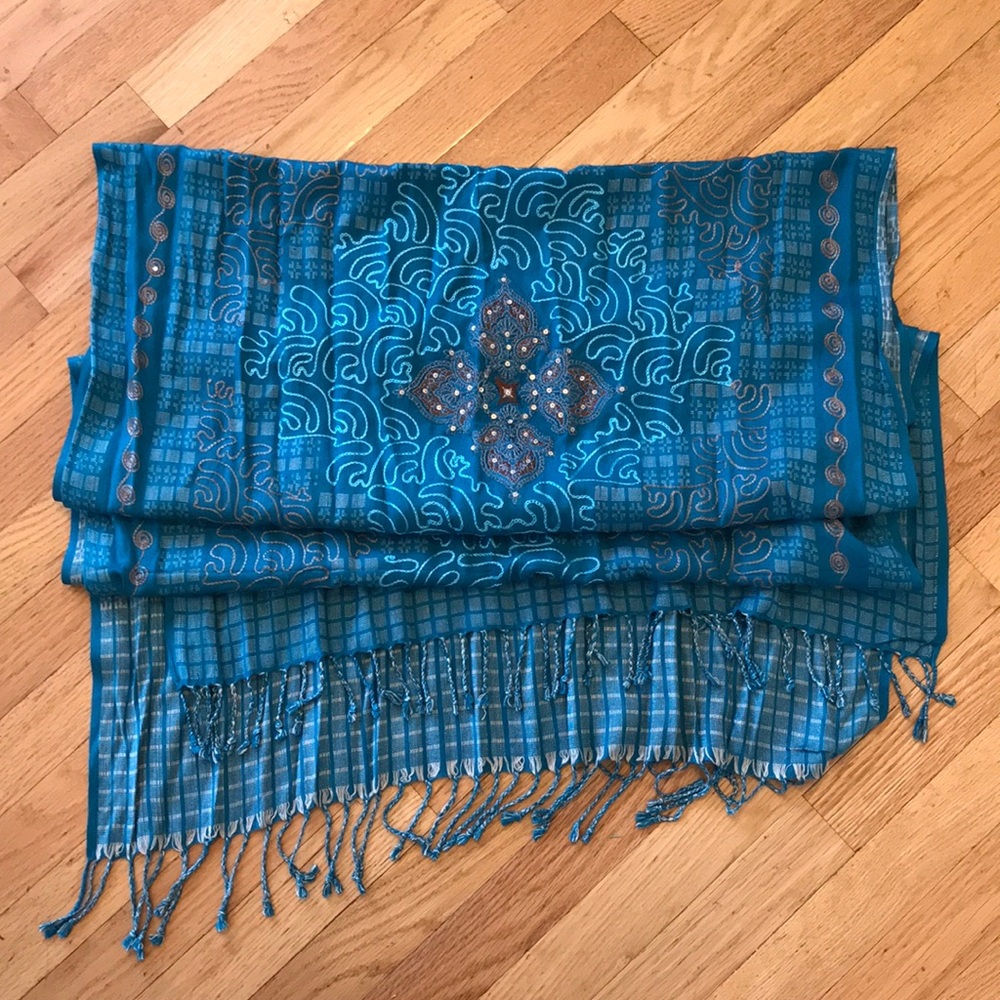 Exquisite pashmina style scarf in teal blue